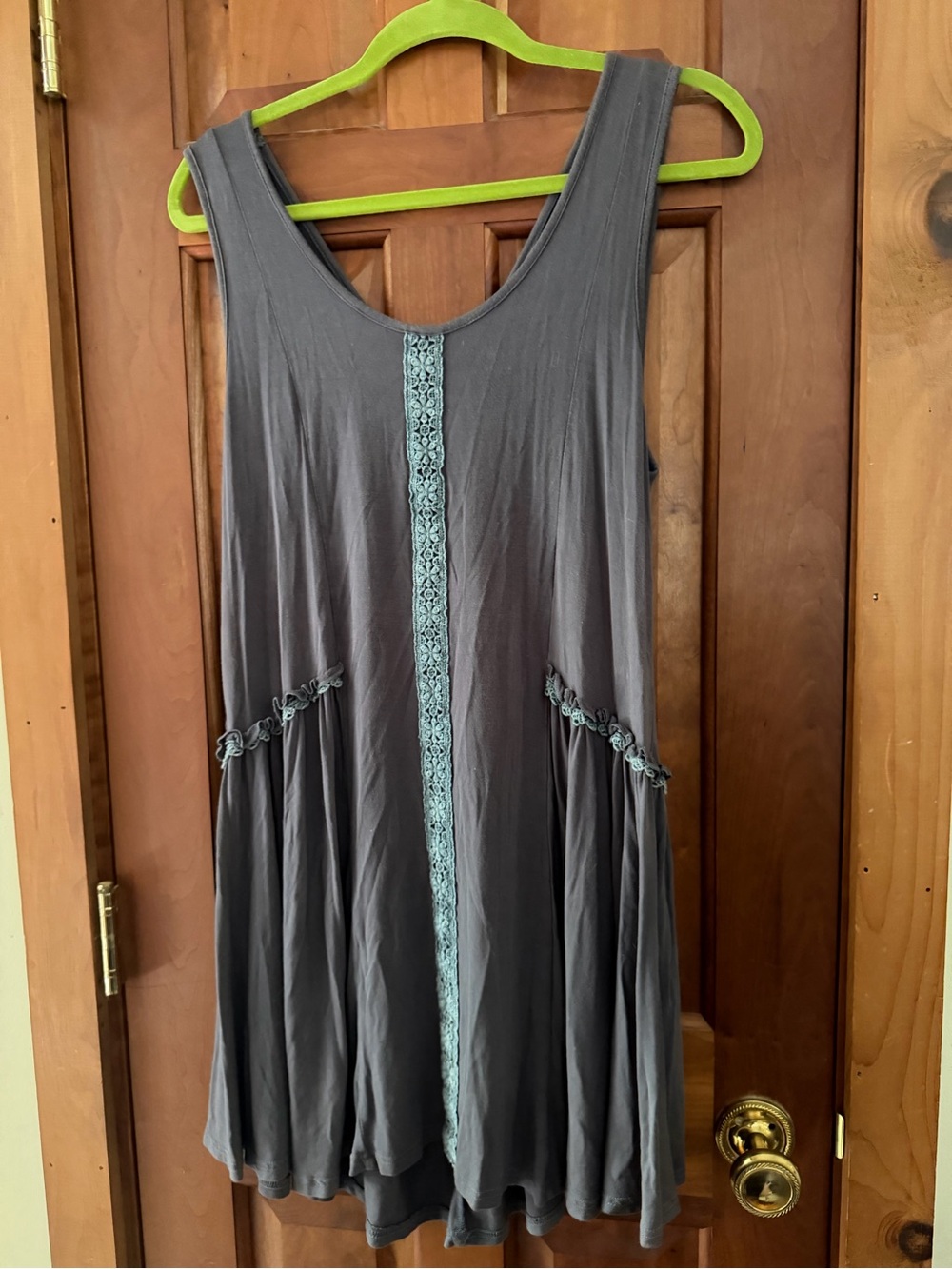 POL Gray Sleeveless Tunic Dress with Teal Lace Panel